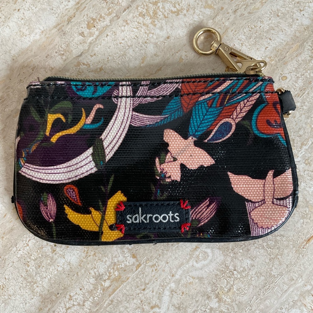 Sakroots Black Multicolor Floral Bird Zip Wallet Wristlet